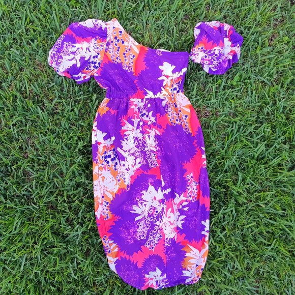 Fun floral puff  elastic waist high low M cotton mix dress - Picture 2 of 2